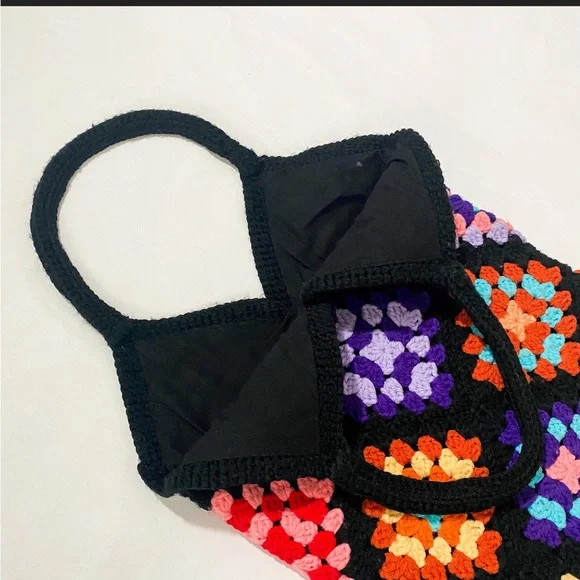 Vintage Crochet Rainbow Granny Square Small Tote Bag with Lining and Pocket - Picture 4 of 7